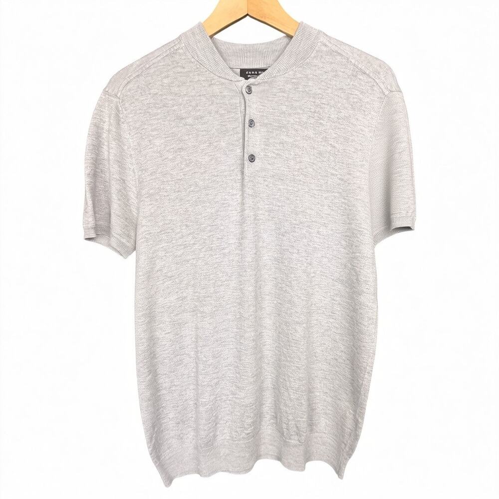 Zara Man Large Light Gray Short Sleeve Fine Knit Henley Shirt Preppy Casual